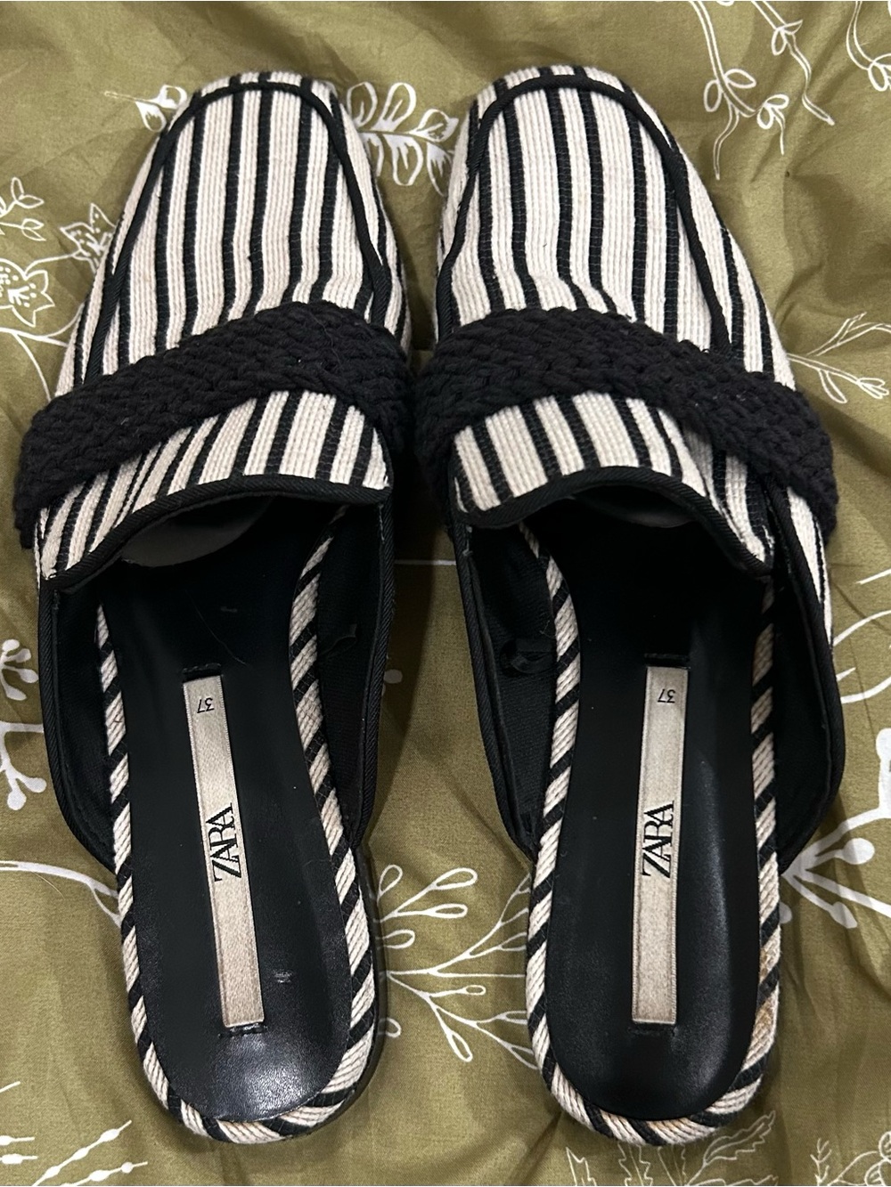 ZARA Black & White Striped Mule Loafers Slip On Slides Size 37 - Picture 2 of 3